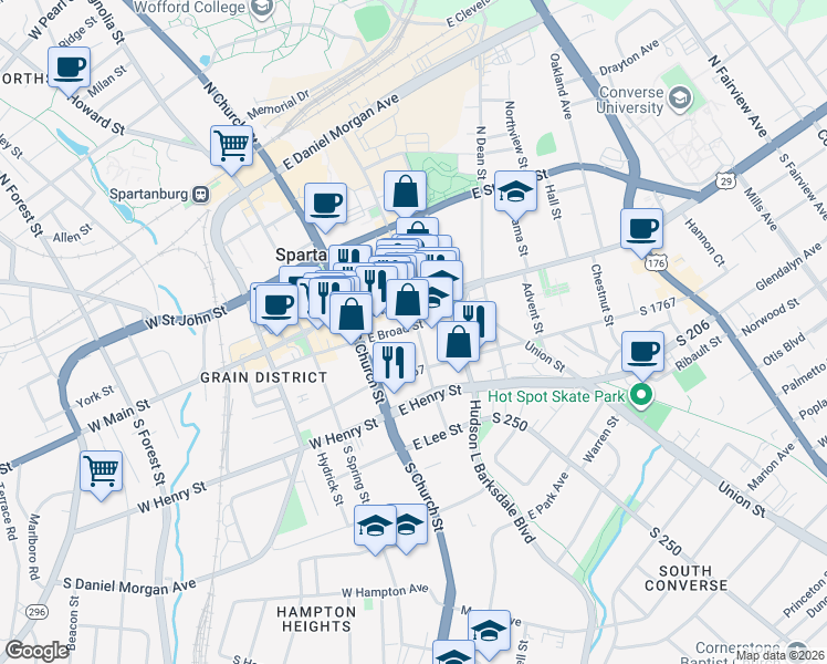 map of restaurants, bars, coffee shops, grocery stores, and more near 155 East Broad Street in Spartanburg