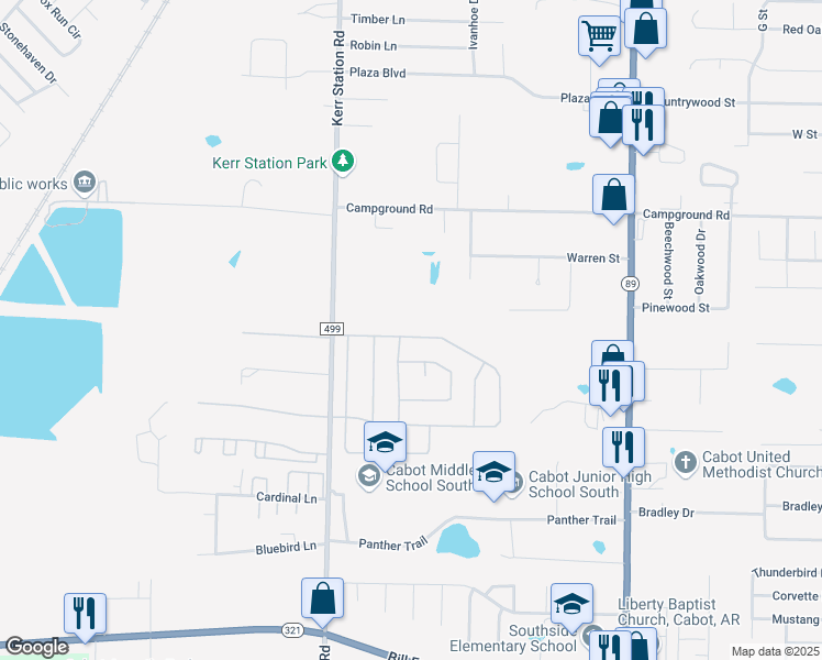 map of restaurants, bars, coffee shops, grocery stores, and more near 95 Earnhardt Circle in Cabot