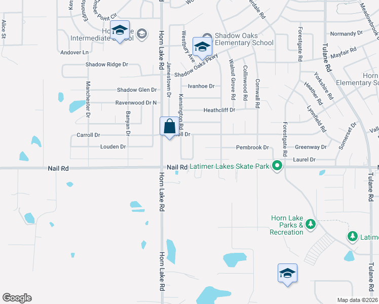 map of restaurants, bars, coffee shops, grocery stores, and more near 3871 Kensington Circle in Horn Lake