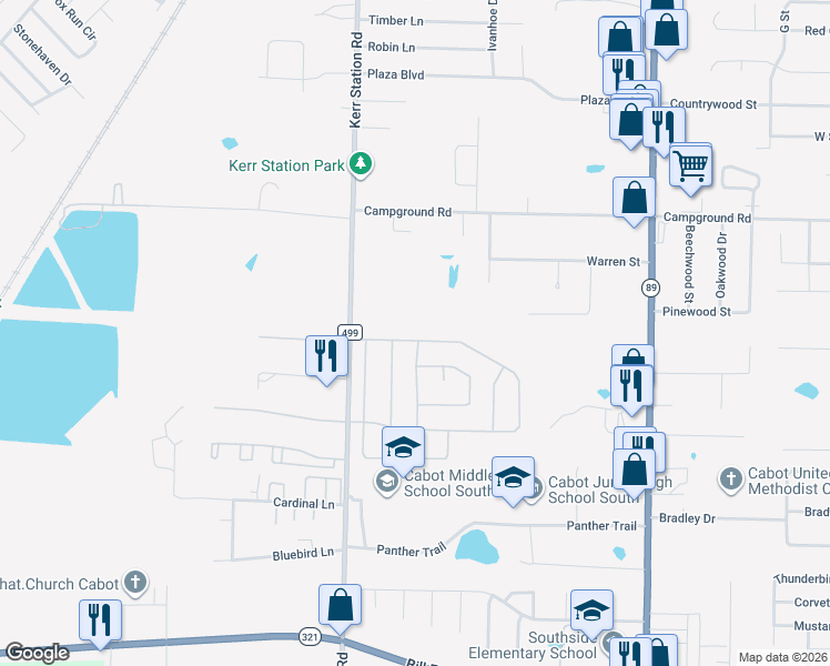 map of restaurants, bars, coffee shops, grocery stores, and more near 99 Earnhardt Circle in Cabot