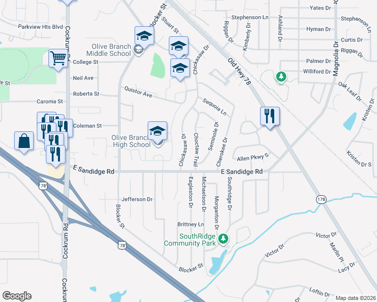 map of restaurants, bars, coffee shops, grocery stores, and more near 6102 Chickasaw Drive in Olive Branch