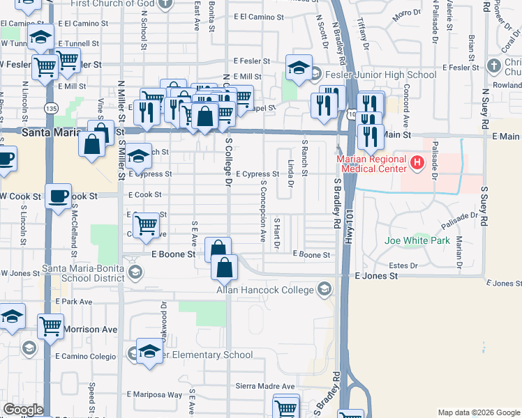map of restaurants, bars, coffee shops, grocery stores, and more near 843 East Orange Street in Santa Maria