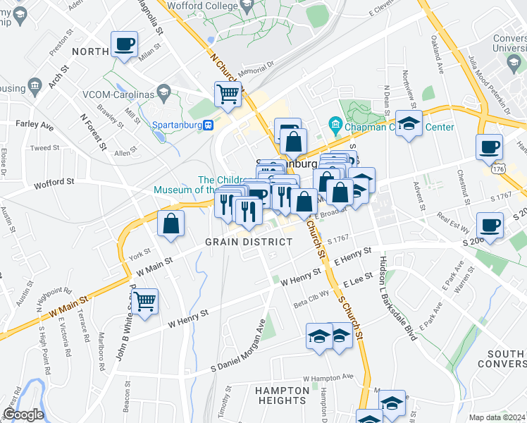 map of restaurants, bars, coffee shops, grocery stores, and more near 174 West Main Street in Spartanburg