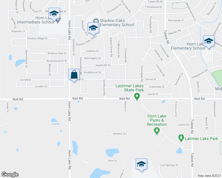 map of restaurants, bars, coffee shops, grocery stores, and more near 3645 Pembrook Drive in Horn Lake