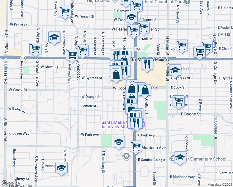 map of restaurants, bars, coffee shops, grocery stores, and more near 211 West Orange Street in Santa Maria
