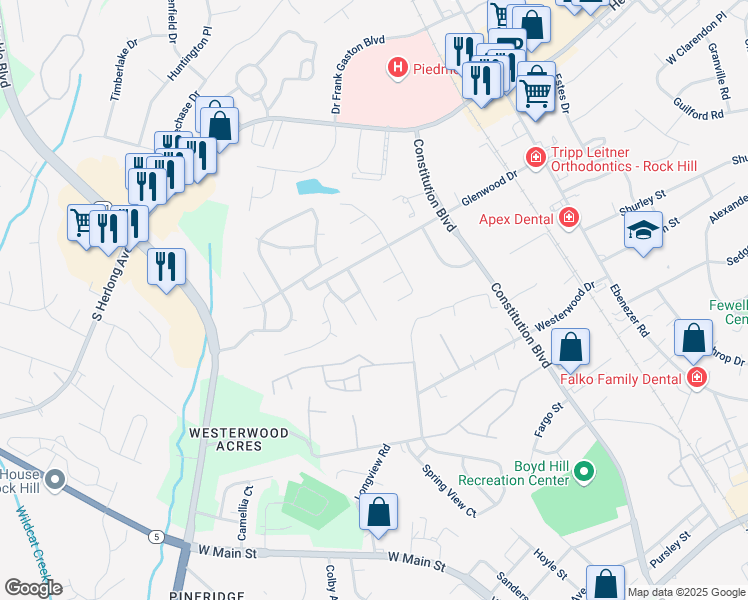 map of restaurants, bars, coffee shops, grocery stores, and more near 1555 Forest Glen Drive in Rock Hill