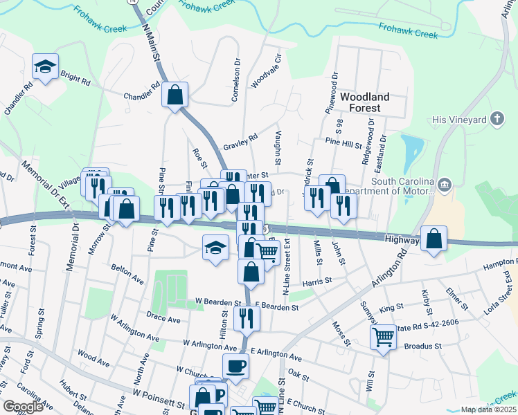 map of restaurants, bars, coffee shops, grocery stores, and more near 103 East Wade Hampton Boulevard in Greer