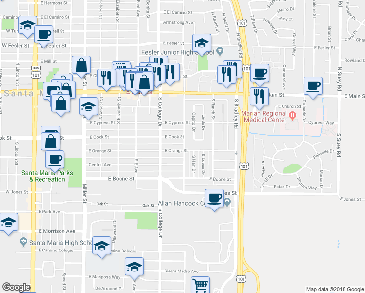map of restaurants, bars, coffee shops, grocery stores, and more near 843 East Orange Street in Santa Maria