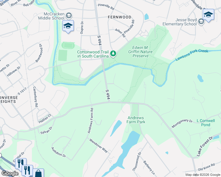 map of restaurants, bars, coffee shops, grocery stores, and more near 711 Fernwood Drive in Spartanburg