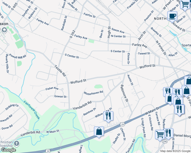 map of restaurants, bars, coffee shops, grocery stores, and more near 784 Wofford Street in Spartanburg