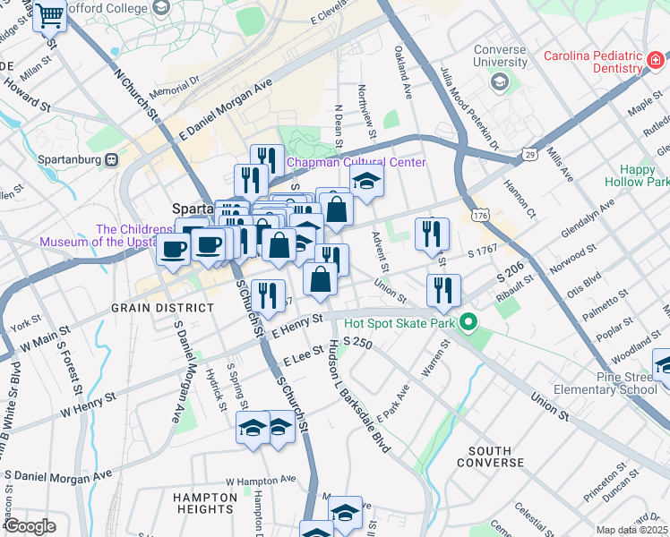 map of restaurants, bars, coffee shops, grocery stores, and more near 142 South Dean Street in Spartanburg