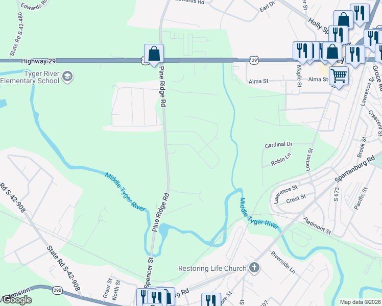map of restaurants, bars, coffee shops, grocery stores, and more near 481 Pine Ridge Road in Duncan