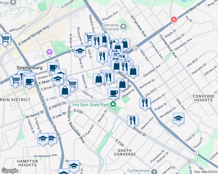 map of restaurants, bars, coffee shops, grocery stores, and more near 112 Chestnut Street in Spartanburg