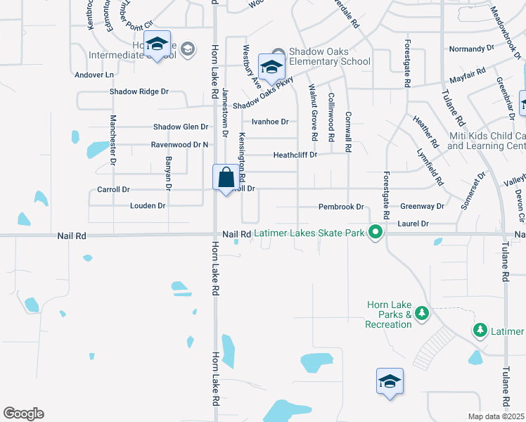 map of restaurants, bars, coffee shops, grocery stores, and more near 6116 Kensington Circle in Horn Lake