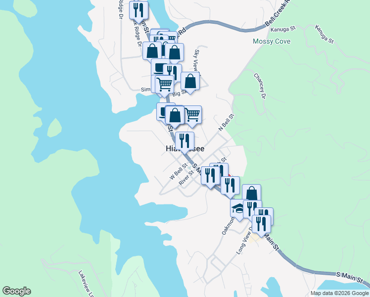 map of restaurants, bars, coffee shops, grocery stores, and more near in Hiawassee