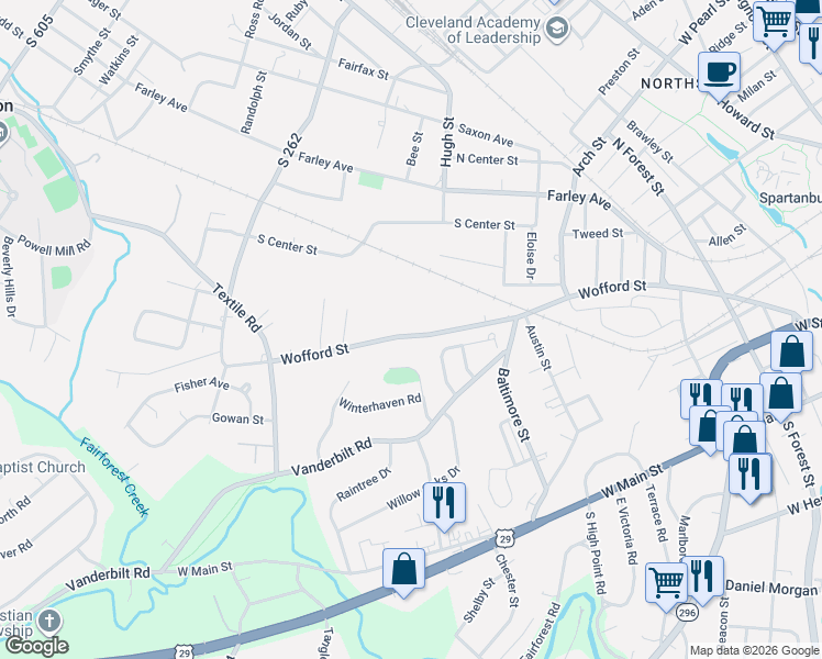 map of restaurants, bars, coffee shops, grocery stores, and more near 748 Wofford Street in Spartanburg