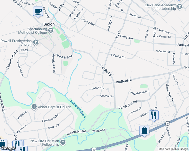 map of restaurants, bars, coffee shops, grocery stores, and more near 130 Southstar Street in Spartanburg