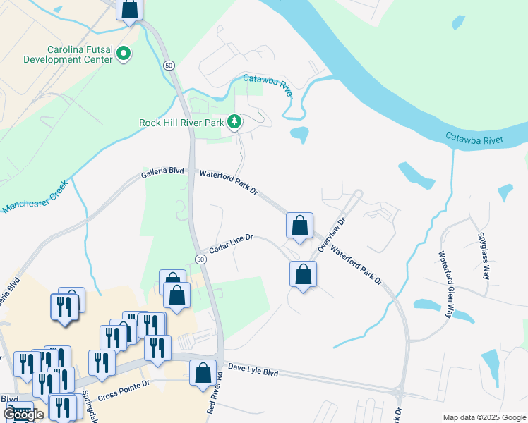 map of restaurants, bars, coffee shops, grocery stores, and more near 1595 Cedar Line Drive in Rock Hill