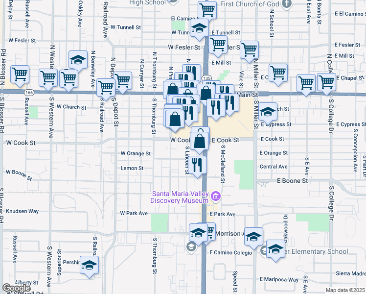 map of restaurants, bars, coffee shops, grocery stores, and more near in Santa Maria