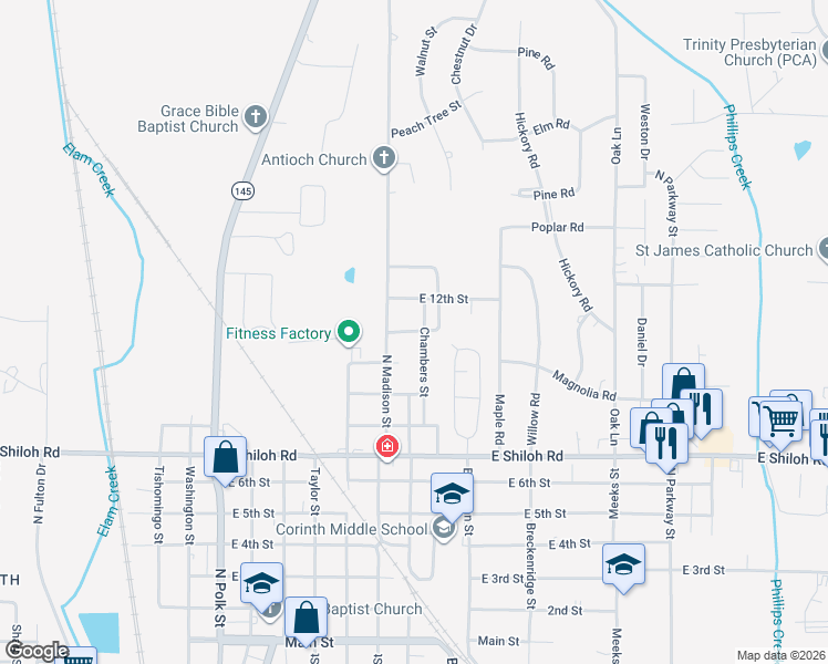 map of restaurants, bars, coffee shops, grocery stores, and more near East 11th Street in Corinth