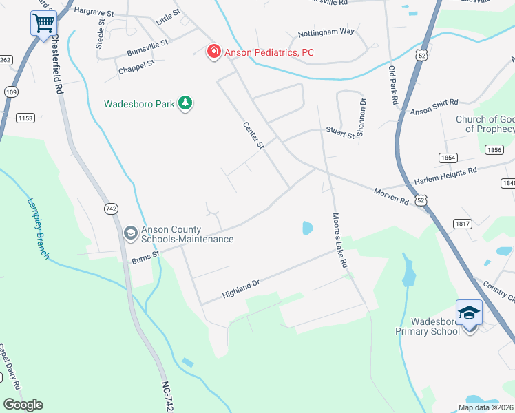 map of restaurants, bars, coffee shops, grocery stores, and more near 813 Burns Street in Wadesboro