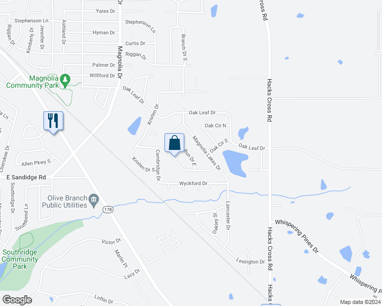 map of restaurants, bars, coffee shops, grocery stores, and more near 6290 Oak Run Drive East in Olive Branch