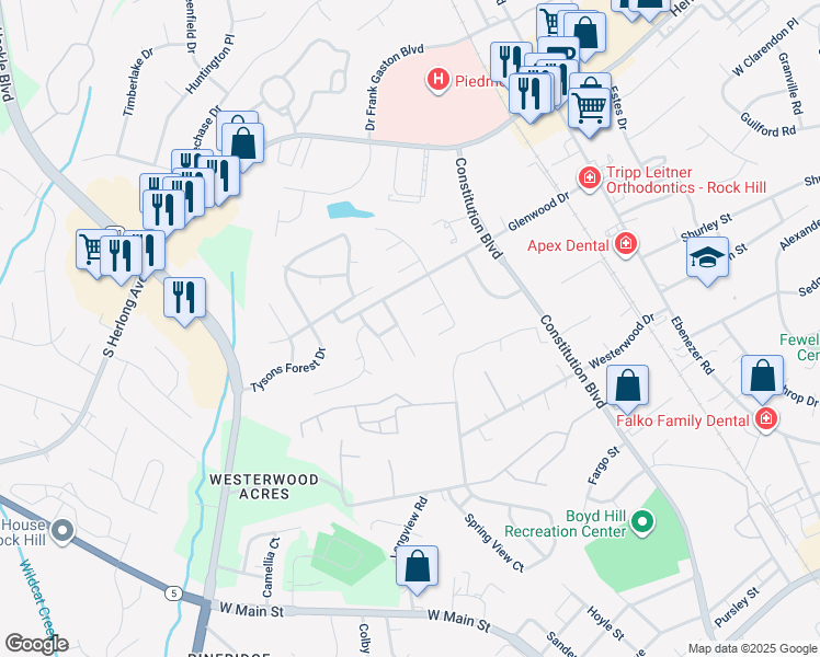 map of restaurants, bars, coffee shops, grocery stores, and more near 1589 Brentfield Drive in Rock Hill