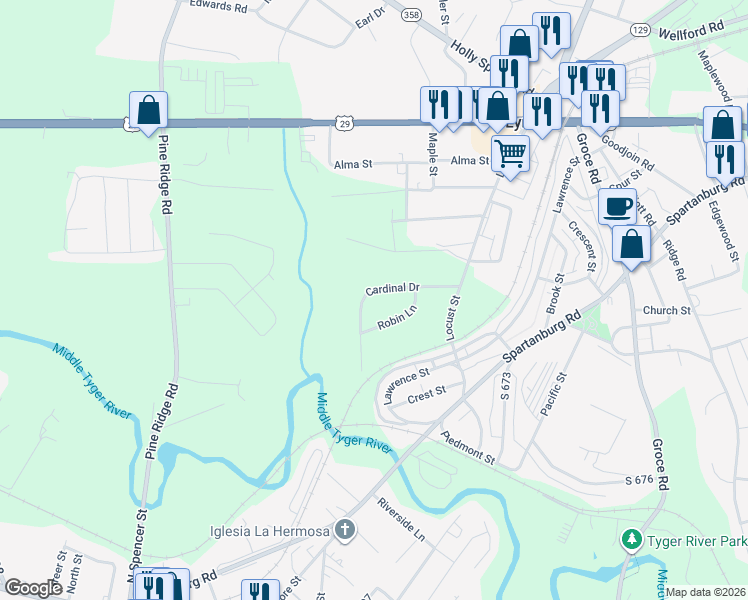 map of restaurants, bars, coffee shops, grocery stores, and more near 108 Cardinal Drive in Lyman