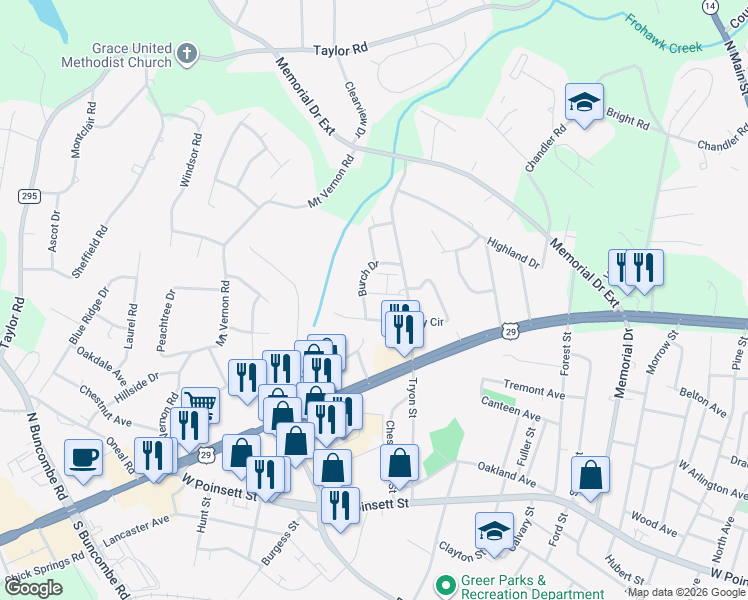 map of restaurants, bars, coffee shops, grocery stores, and more near 107 Burch Drive in Greer