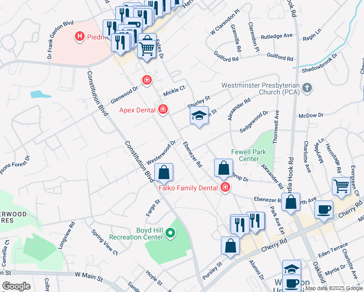 map of restaurants, bars, coffee shops, grocery stores, and more near 1417 Ebenezer Road in Rock Hill