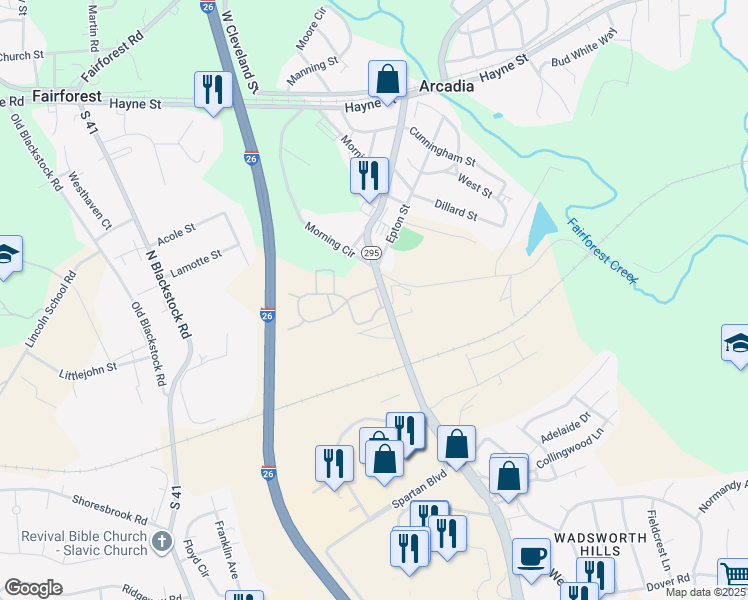 map of restaurants, bars, coffee shops, grocery stores, and more near 105 Bellew Carver Road in Spartanburg
