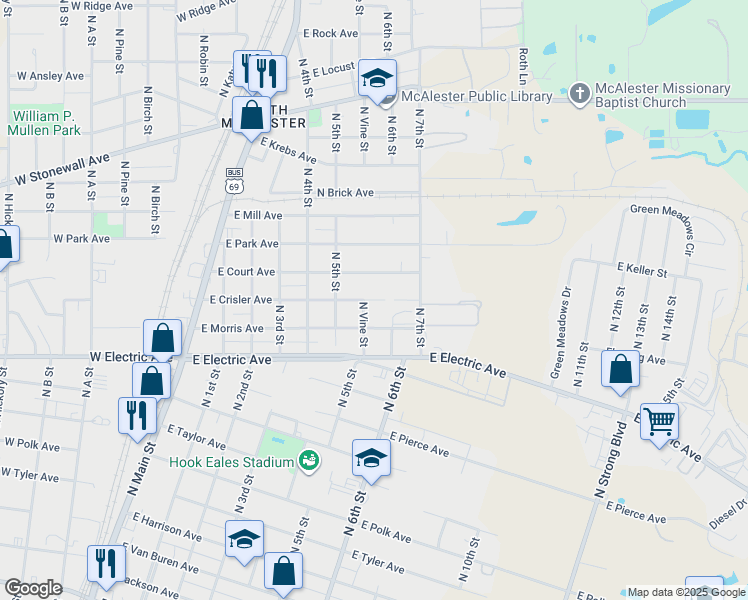 map of restaurants, bars, coffee shops, grocery stores, and more near 605 E Crisler Ave in McAlester