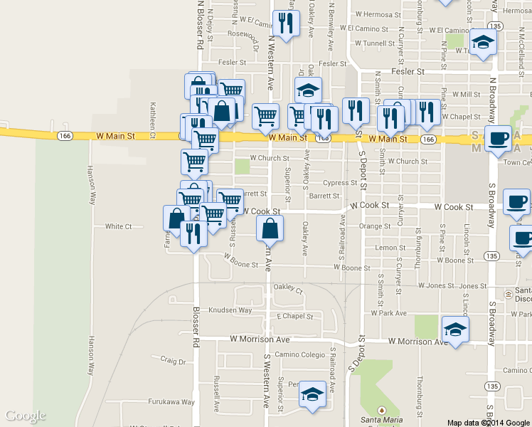 map of restaurants, bars, coffee shops, grocery stores, and more near 1009 West Cook Street in Santa Maria