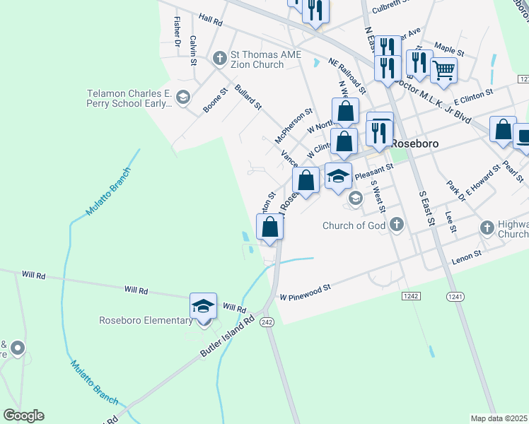 map of restaurants, bars, coffee shops, grocery stores, and more near 799 West Clinton Street in Roseboro