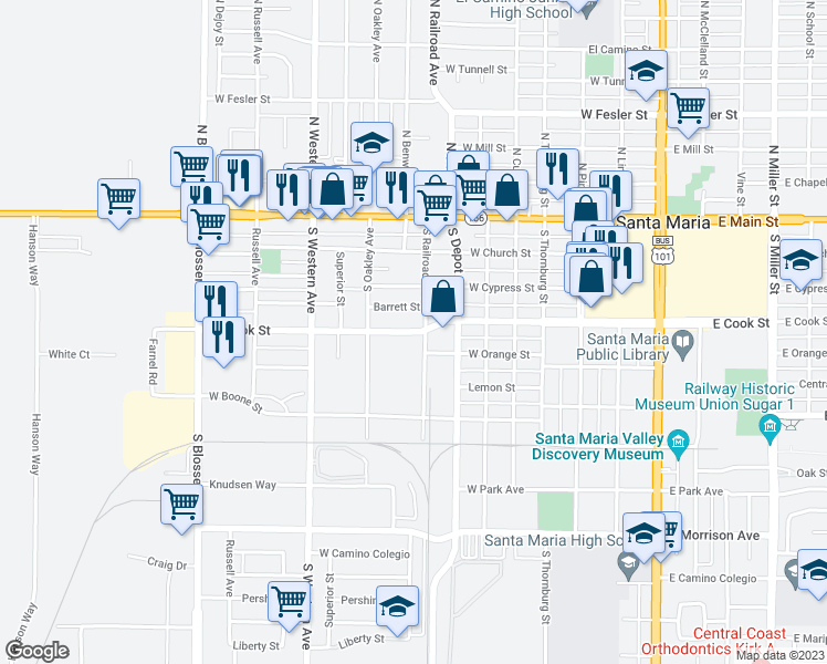 map of restaurants, bars, coffee shops, grocery stores, and more near 804 West Cook Street in Santa Maria