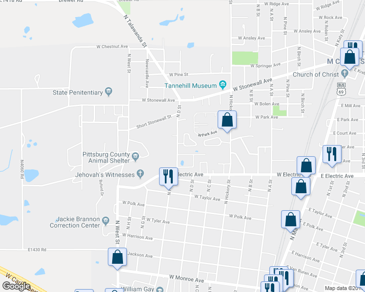 map of restaurants, bars, coffee shops, grocery stores, and more near 618 Hickory Ridge Drive in McAlester