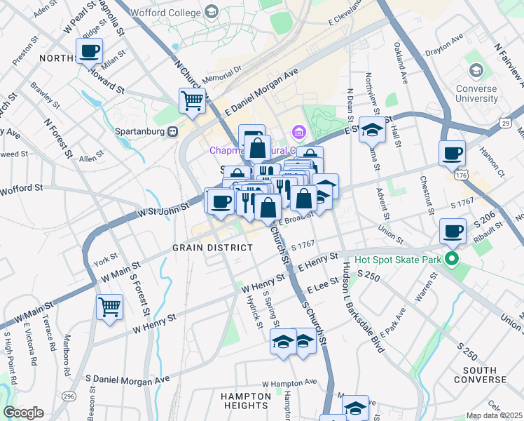 map of restaurants, bars, coffee shops, grocery stores, and more near in Spartanburg