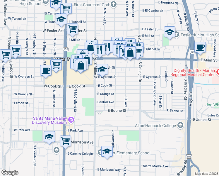 map of restaurants, bars, coffee shops, grocery stores, and more near 514 East Cook Street in Santa Maria