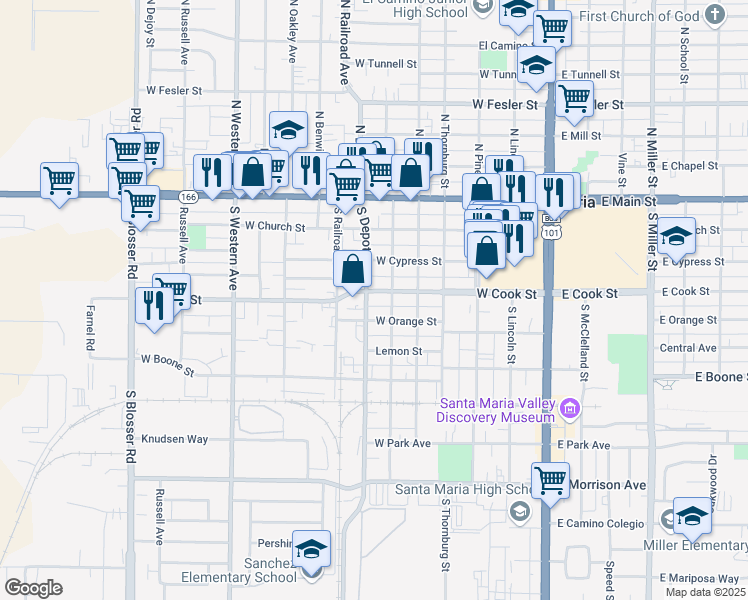 map of restaurants, bars, coffee shops, grocery stores, and more near 616 West Cook Street in Santa Maria