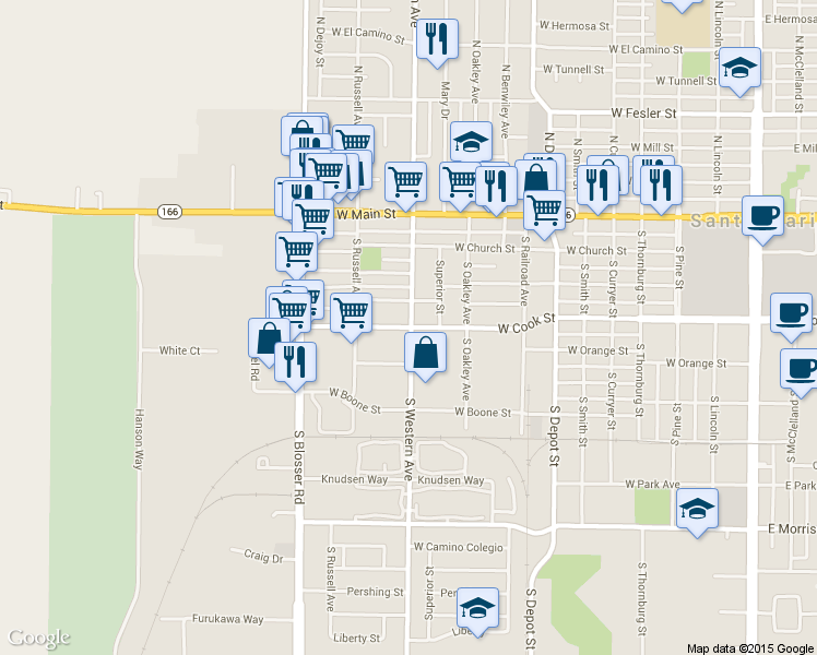 map of restaurants, bars, coffee shops, grocery stores, and more near 110 South Pine Street in Santa Maria