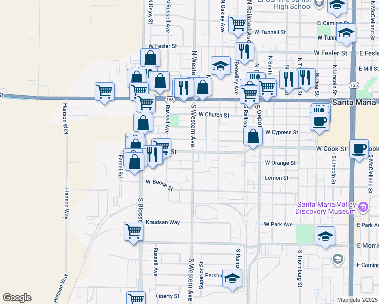map of restaurants, bars, coffee shops, grocery stores, and more near 1009 West Cook Street in Santa Maria