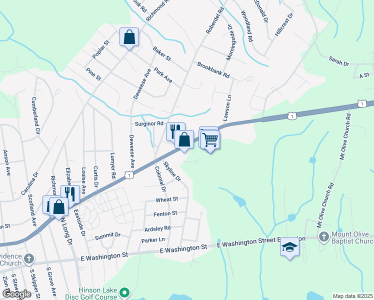 map of restaurants, bars, coffee shops, grocery stores, and more near 2108 Fayetteville Road in Rockingham