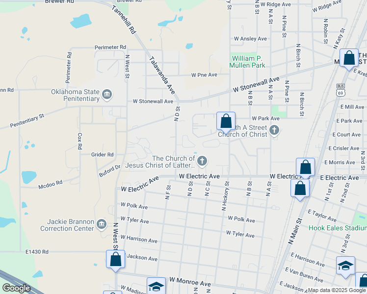 map of restaurants, bars, coffee shops, grocery stores, and more near 618 Hickory Ridge Drive in McAlester