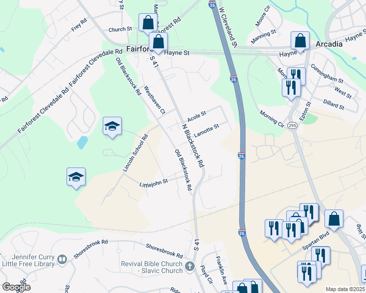 map of restaurants, bars, coffee shops, grocery stores, and more near 4 Townes Court in Spartanburg