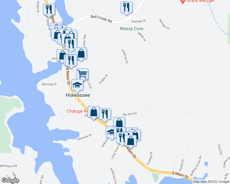 map of restaurants, bars, coffee shops, grocery stores, and more near 336-412 Mountain Drive North in Hiawassee