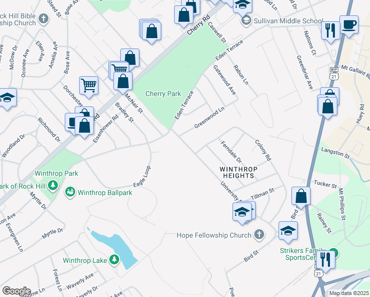 map of restaurants, bars, coffee shops, grocery stores, and more near 721 University Drive in Rock Hill