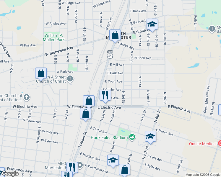 map of restaurants, bars, coffee shops, grocery stores, and more near 2211 North 2nd Street in McAlester
