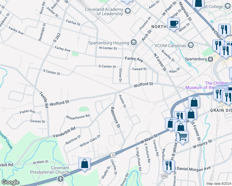 map of restaurants, bars, coffee shops, grocery stores, and more near 700 Baltimore Street in Spartanburg
