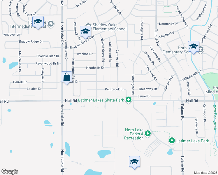 map of restaurants, bars, coffee shops, grocery stores, and more near 3615 Carroll Drive in Horn Lake