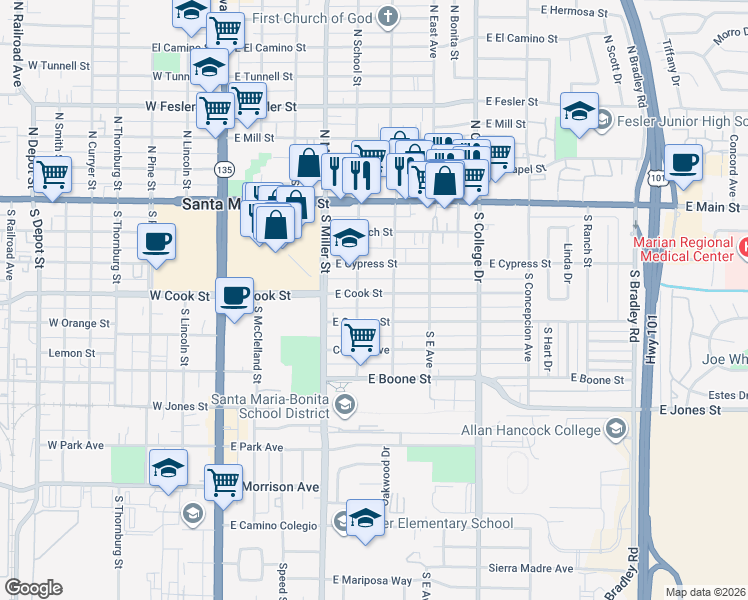 map of restaurants, bars, coffee shops, grocery stores, and more near 514 East Cook Street in Santa Maria